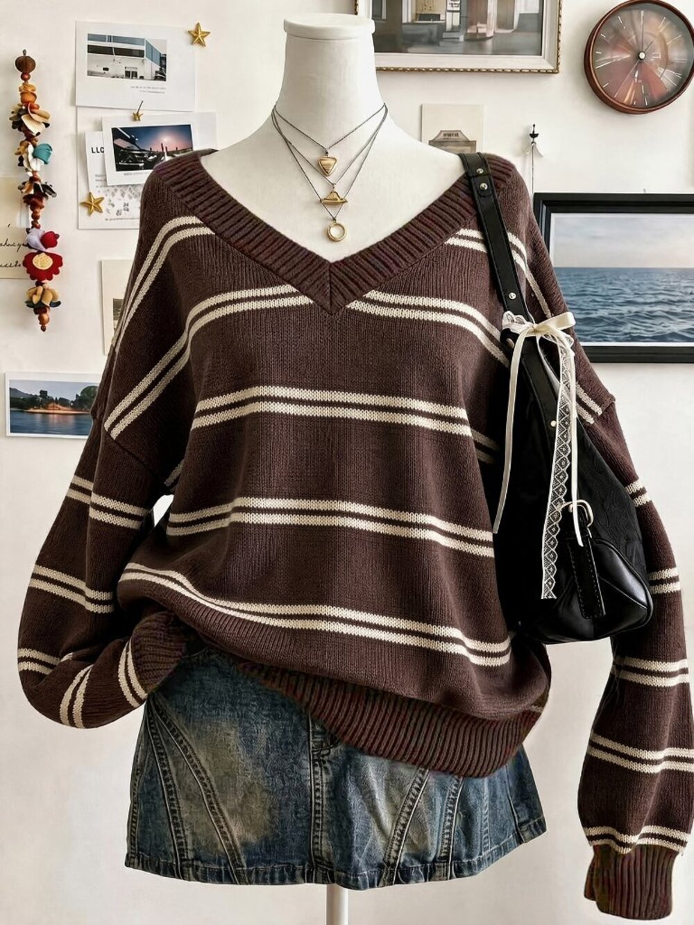 Multicolor Casual Women's Striped V-Neck Drop Shoulder Long Sleeve Loose Sweater